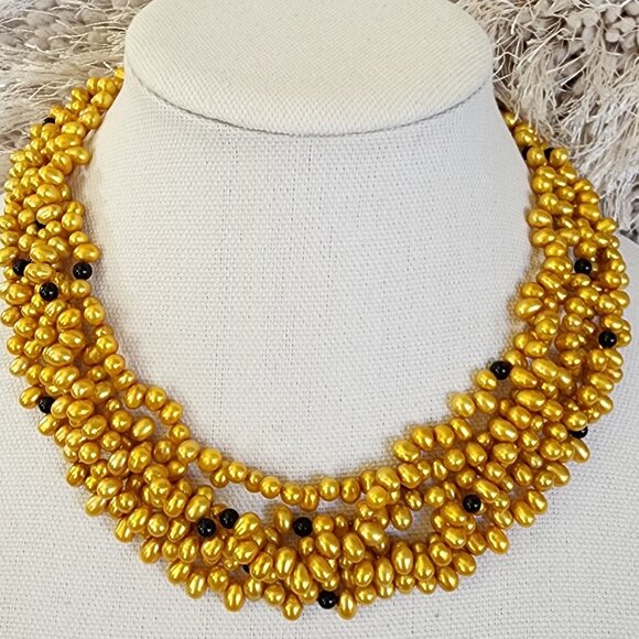 Multi Strand Freshwater Gold Pearl Necklace Choker 925 Sterling Silver Clasp - Picture 5 of 11